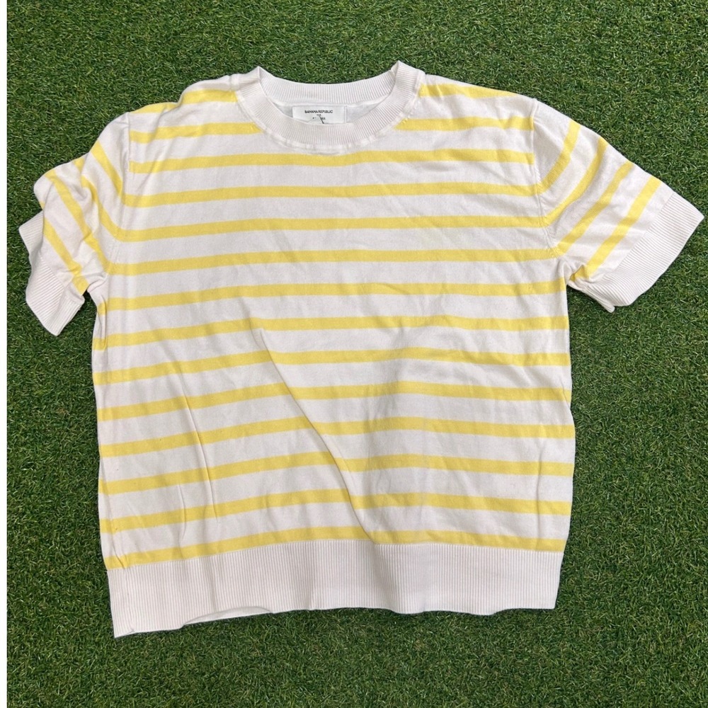 Banana Republic Forever Yellow White Striped Short Sleeve Sweater Top Small